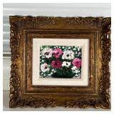 FLORAL STILL LIFE PAINTING | Small floral still life painting with heavy impasto, in a cover frame; 