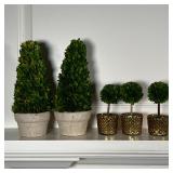 (5pc) SMALL TOPIARIES | Decorative faux plants, including a set of three in gilt glass planters (h. 