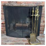 BRASS FIREPLACE TOOLS | A set of fireplace tools on stand, with a black curved fire screen; stand h.