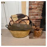 (2pc) FIREPLACE SUPPLIES | Including a woven basket with kindling and a painted toleware bucket with