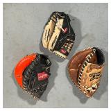 (3pc) BASEBALL MITTS | Including two black leather Rawlings gloves and a brown leather Mizuno glove