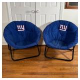 PAIR NY GIANTS CHAIRS | Folding saucer lounge chairs with blue NY Giants cushioned seats- plus! A NY