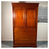 WOOD MEDIA CABINET | Double cabinet doors over four full-width drawers; h. 76-1/2 x w. 44 x d. 22 in