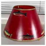 FISHING LAMP SHADE | Fish & tackle red painted lampshade; h. 9-1/4 x dia. 13-3/4 in.