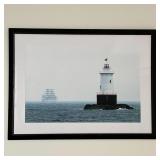 FRAMED LIGHTHOUSE PHOTO | Framed photographic print of a lighthouse with a ship in the distance, dig
