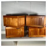 (4pc) ROLLING WOOD BINS | Wood crate storage bins on wheels with wood and string pulls; each h. 12-1