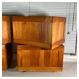 (4pc) ROLLING WOOD BINS | Wood crate storage bins on wheels with wood and string pulls; each h. 12-1