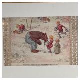 Bruin the bear framed with lace and a signed work with three cats, all in matching natural wood fram