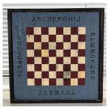 FOLK ART CHECKERBOARD | Chess board painted with the alphabet and numbers around the border; 16 x 16