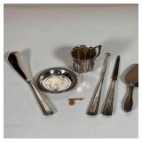 (7pc) STERLING & GOLD | Including a 14k gold pin, 4 Alvin sterling handled flatware, a small sterlin