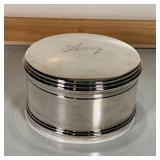 RALPH LAUREN BOX | Silver plated lidded box, engraved "Amy" on the lid; h. 3 x dia. 5-3/4 in.
