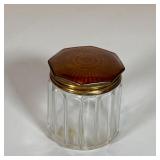 GUILLOCHE ENAMEL LIDDED JAR | Brown guilloche enameled hexagonal lid on a small glass jar; h. 2-1/2 