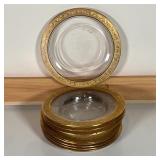 (10pc) ANTIQUE GOLD RIM SAUCERS | Small blown glass plates with engraved gold rims; dia. 5 in.