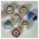 (7pc) PORCELAIN BOXES | Small enameled porcelain trinket boxes, mostly Halcyon Days Enamels, and inc