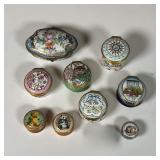 (9pc) PORCELAIN BOXES | Including a hand-painted Sevres box with gilt highlights and marked on the b