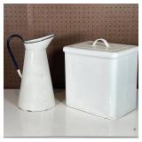 (2pc) ANTIQUE STYLE KITCHENWARE | White enameled tin pitcher of large size and an unmarked bread box