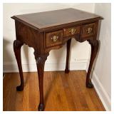 ANTIQUE STYLE SIDE TABLE | Three drawer stand with a contrasting wood top over three drawers with br