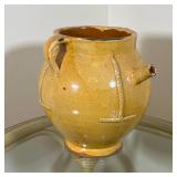 YELLOW POTTERY VASE | Fortunata style jar / jug with "cracked ice" mustard yellow glaze; h. 11 x w. 