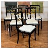 (6pc) SET DINING CHAIRS | Black lacquered dining chairs with gilt openwork backrests and removable c