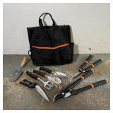 SET GARDENING TOOLS | Black and orange handled garden tools, in a canvas carrying case