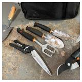 SET GARDENING TOOLS | Black and orange handled garden tools, in a canvas carrying case