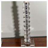 PAIR FANCY TABLE LAMPS | Heavy glass or rock crystal column table lamps with gold fabric shades; ove