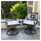 PAIR PATIO SWIVEL CHAIRS | Cast Classics Landgrave outdoor lounge chairs, cast aluminum, swivelling 