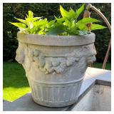 CEMENT GARDEN PLANTER | Large! Decorated with urns and lions heads; h. 20-1/4 x dia. 22-1/4 in.