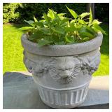 CEMENT GARDEN PLANTER | Large! Decorated with urns and lions heads; h. 20-1/4 x dia. 22-1/4 in.