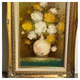 Oil on canvas, tabletop still life of flowers in a vase, apparently unsigned, in a gilt frame; 24 x 