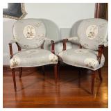 PAIR FANCY ARMCHAIRS | French style carved wood arm chairs / accent chairs with cushioned chinoiseri