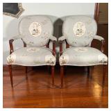 French style carved wood arm chairs / accent chairs with cushioned chinoiserie upholstery, on fluted
