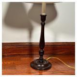 PAIR WOOD TABLE LAMPS | Turned wood candlesticks mounted as lamps; overall h. 28-1/4 x dia. 14-1/2 i