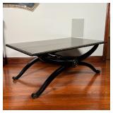 coffee table, with a rectangular top on a scrolled x-form frame, with gilt edge; h. 18-1/4 x 47-3/4 