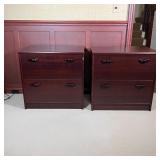 PAIR FILE CABINETS | Dark wood veneer hanging file cabinets, each with two drawers, locking (keys in