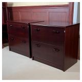 PAIR FILE CABINETS | Dark wood veneer hanging file cabinets, each with two drawers, locking (keys in