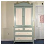 GREEN & WHITE WARDROBE CABINET | Cute! Chic armoire with double cabinet doors over four drawers; h. 
