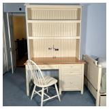 (2pc) WHITE DESK & CHAIR | White painted wood hutch desk with built in work light (untested), center