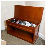 WOOD HALL BENCH | Small hall bench with lift top storage and lower shelf, of dark wood; h. 19 x w. 3