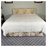 California king size bed frame having an upholstered headboard with floral fabric pattern and matchi