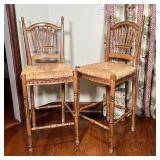 country style counter height bar stools with spindle backs and rush seats; overall h. 42 x 17 in.