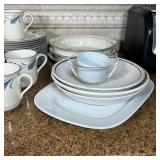 Chinastone dining set, including 18 dinner plates, 14 luncheon plates, 3 round serving bowls, 2 serv