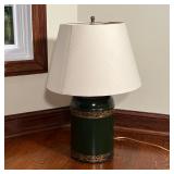 GREEN TOLE TABLE LAMP | Green lamp with applied gilt decoration, with linen shade, three way switch 