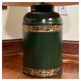 applied gilt decoration, with linen shade, three way switch with color toned light bulb; overall h. 