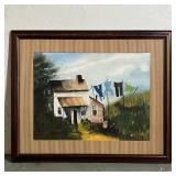 FARMHOUSE WATERCOLOR | Watercolor on paper, showing clothes drying on a line; sight 15 x 20 in., ove