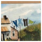 FARMHOUSE WATERCOLOR | Watercolor on paper, showing clothes drying on a line; sight 15 x 20 in., ove