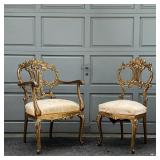 PAIR GILT CHAIRS | Fancy accent chairs, including an armchair (37 x 25 x 26 in.) and a side chair, e