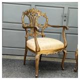 Fancy accent chairs, including an armchair (37 x 25 x 26 in.) and a side chair, each with highly car
