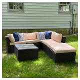 5-PIECE OUTDOOR SECTIONAL | Complete with tan cushions and throw pillows, very good condition but mi