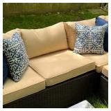 Complete with tan cushions and throw pillows, very good condition but missing bolts, some assembly r